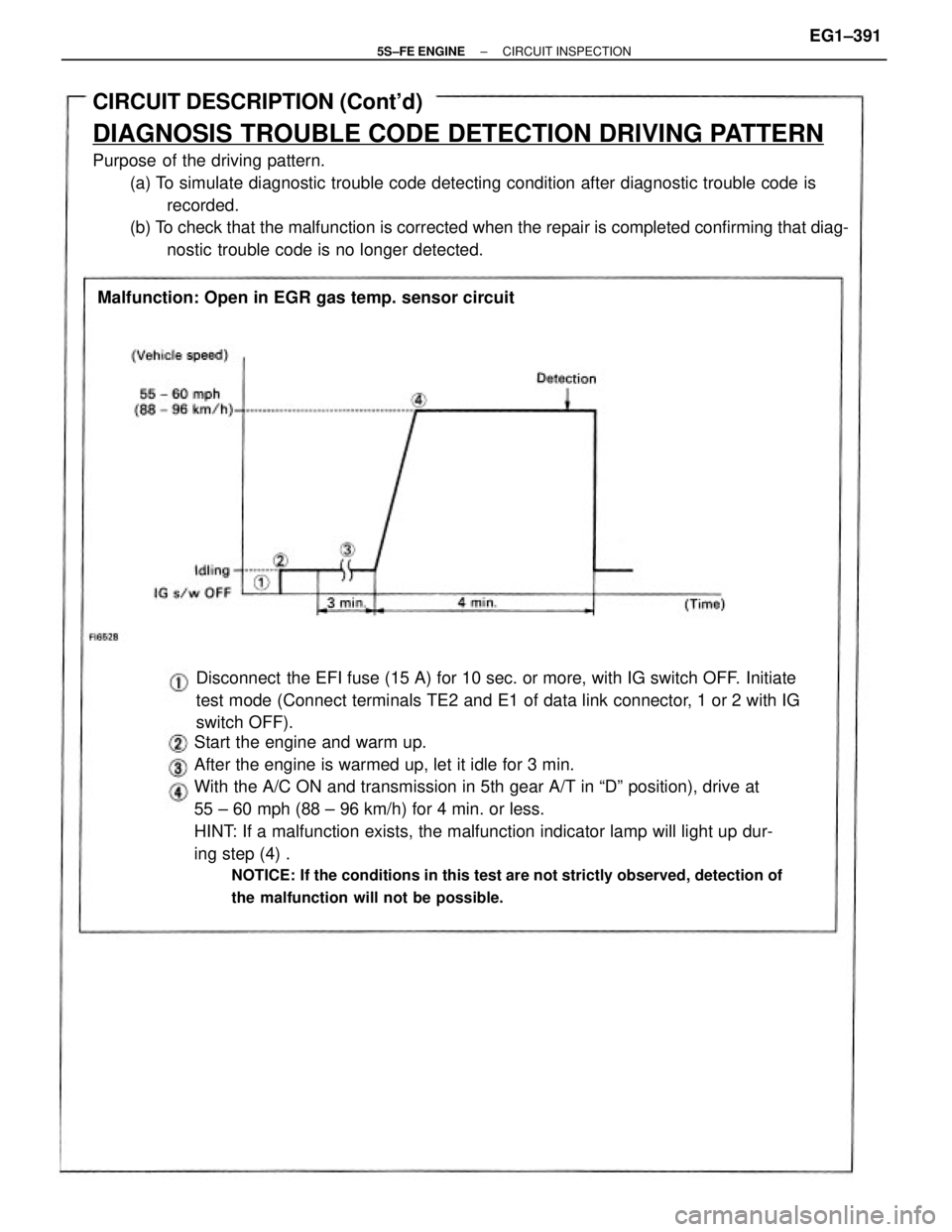 TOYOTA CAMRY 2000  Service Repair Manual Disconnect  the EFI fuse (15 A) for 10 sec. or more, with IG switch OFF. Initiate
test mode (Connect terminals TE2 and E1 of data link connector, 1 or 2 with IG
switch OFF).
CIRCUIT DESCRIPTION (Cont