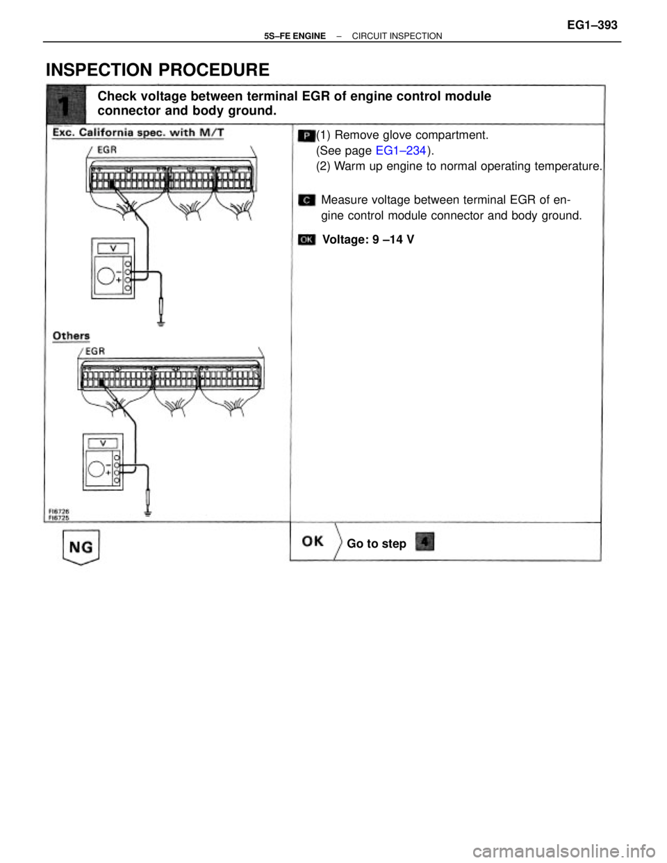 TOYOTA CAMRY 2000  Service Repair Manual (1) Remove glove compartment.
(See page EG1±234).
(2) Warm up engine to normal operating temperature.
Check voltage between terminal EGR of engine control module
connector and body ground.
INSPECTION
