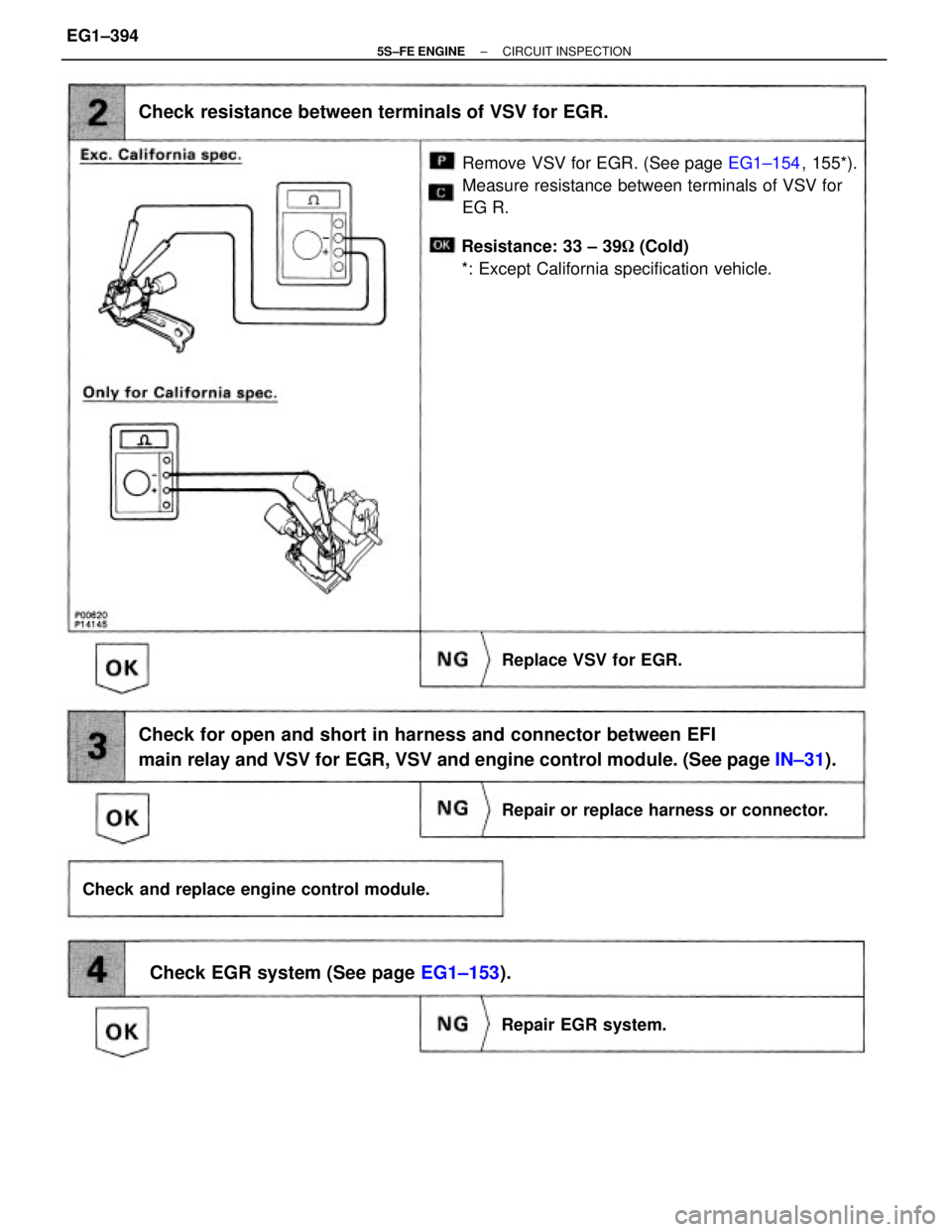 TOYOTA CAMRY 2000  Service Repair Manual Remove VSV for EGR. (See page EG1±154, 155*).
Measure resistance between terminals of VSV for
EG R.
Check for open and short in harness and connector between EFI
main relay and VSV for EGR, VSV and e