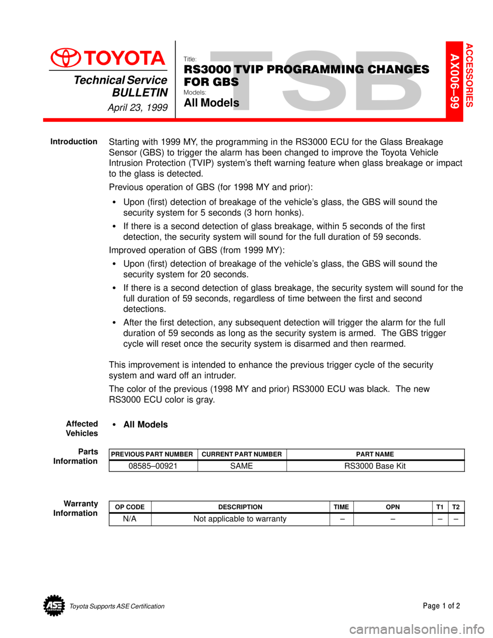 TOYOTA CAMRY 2000  Service Repair Manual Toyota Supports ASE CertificationPage 1 of 2
AX006±99Title:
RS3000 TVIP PROGRAMMING CHANGES
FOR GBS
Models:
All Models
Technical Service
BULLETIN
April 23, 1999
  
Starting with 1999 MY, the programm
