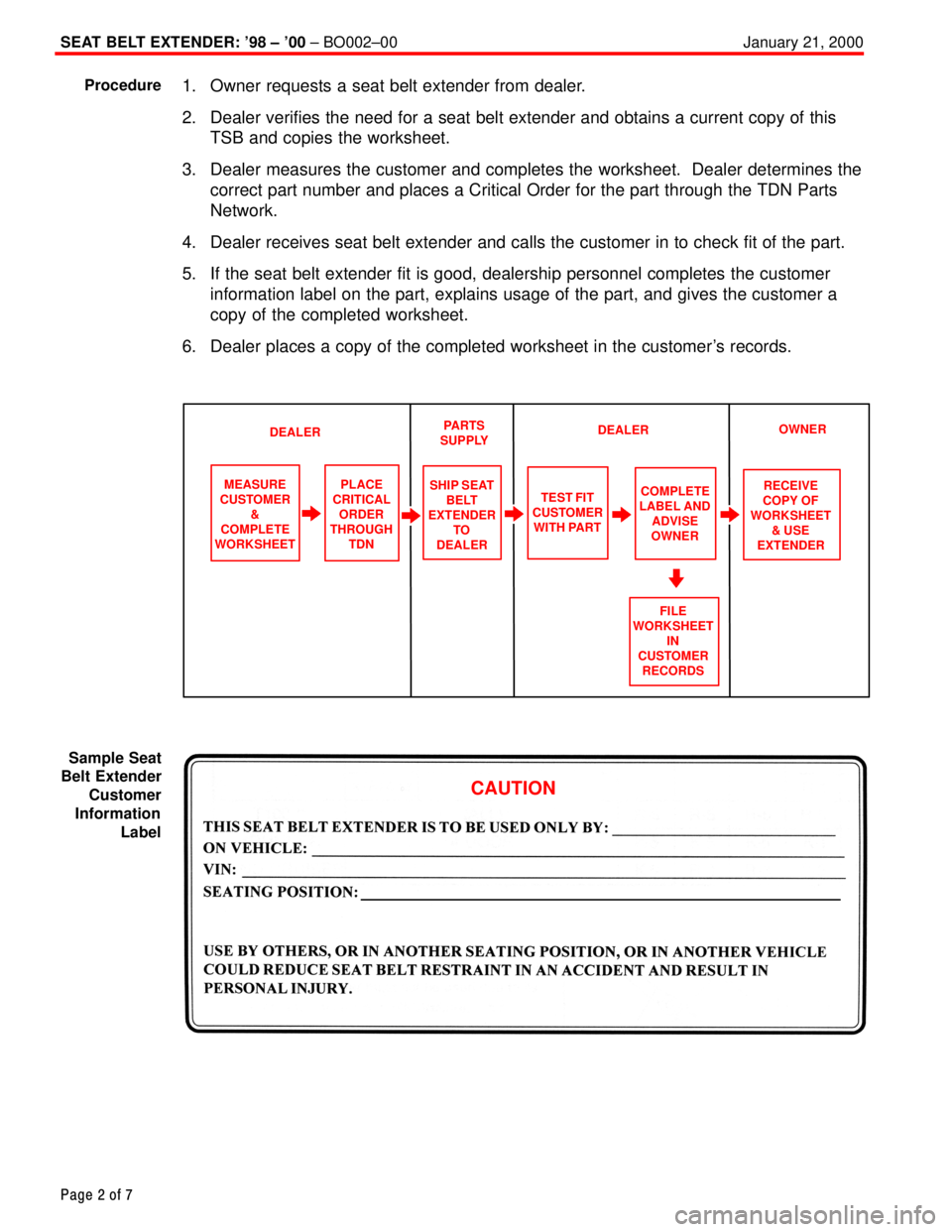 TOYOTA CAMRY 2000  Service Repair Manual SEAT BELT EXTENDER: 98 ± 00 ± BO002±00 January 21, 2000
Page 2 of 7
1. Owner requests a seat belt extender from dealer.
2. Dealer verifies the need for a seat belt extender and obtains a current 