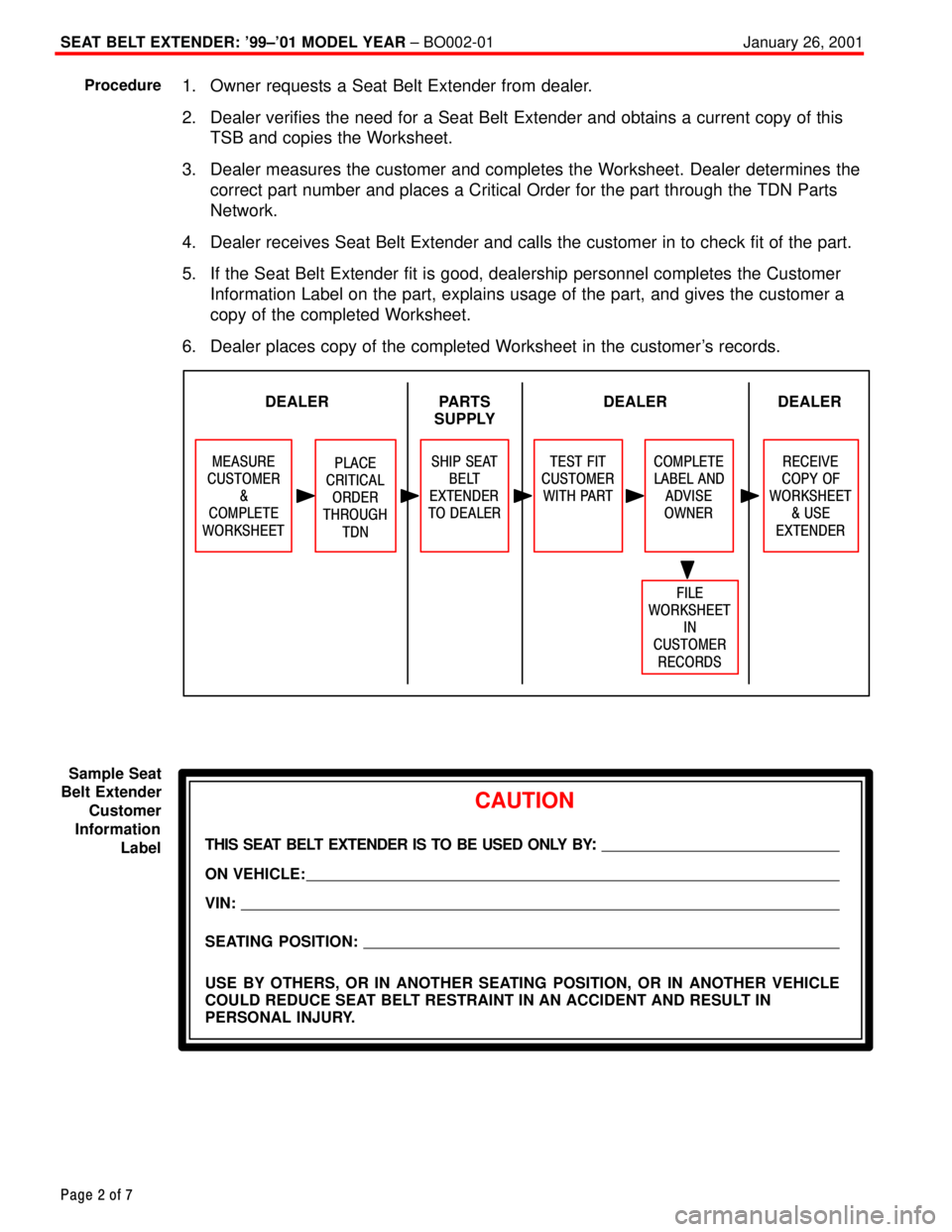 TOYOTA CAMRY 2000  Service Repair Manual SEAT BELT EXTENDER: 99±01 MODEL YEAR ± BO002-01 January 26, 2001
Page 2 of 7
1. Owner requests a Seat Belt Extender from dealer.
2. Dealer verifies the need for a Seat Belt Extender and obtains a 