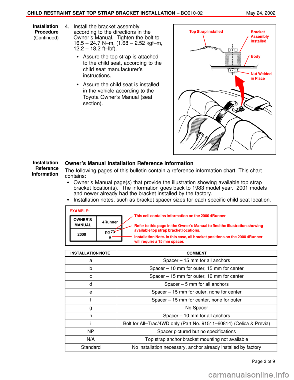 TOYOTA CAMRY 2000  Service Repair Manual CHILD RESTRAINT SEAT TOP STRAP BRACKET INSTALLATION ± BO010-02May 24, 2002
Page 3 of 9
4. Install the bracket assembly,
according to the directions in the
Owner s Manual.  Tighten the bolt to
16.5 