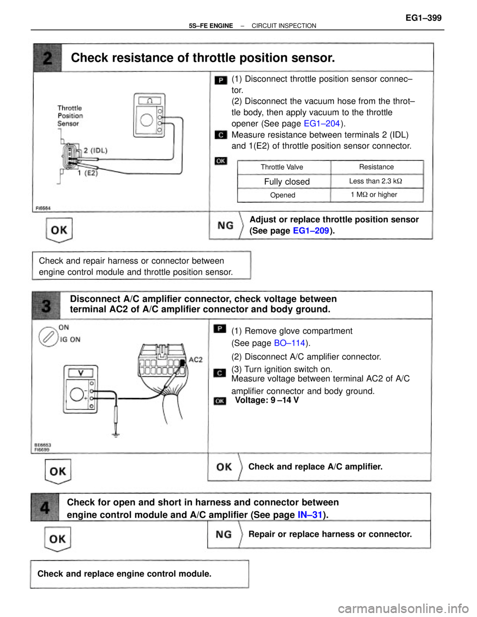 TOYOTA CAMRY 2000  Service Repair Manual (1) Remove glove compartment
(See page BO±114).
(2) Disconnect A/C amplifier connector.
(3) Turn ignition switch on.
Measure voltage between terminal AC2 of A/C
amplifier connector and body ground.(1