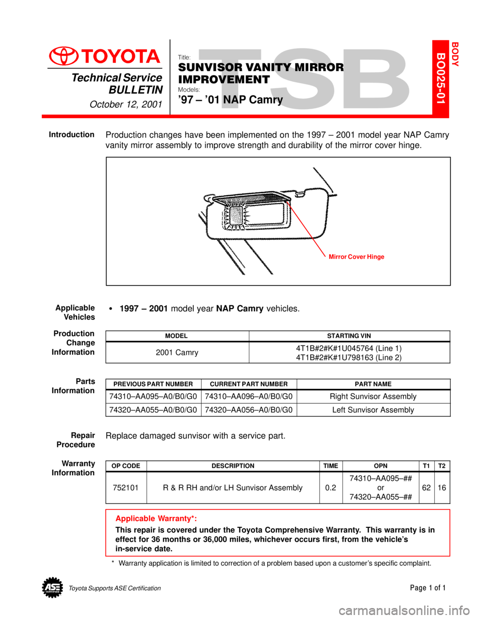 TOYOTA CAMRY 2000  Service Repair Manual Toyota Supports ASE CertificationPage 1 of 1
BO025-01Title:
SUNVISOR VANITY MIRROR
IMPROVEMENT
Models:
97 ± 01 NAP Camry
Technical Service
BULLETIN
October 12, 2001
  
Production changes have been 