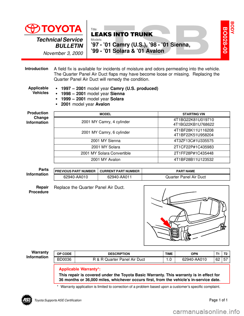 TOYOTA CAMRY 2000 Service Repair Manual Toyota Supports ASE CertificationPage 1 of 1
BO028-00Title:
LEAKS INTO TRUNK
Models:
97 - 01 Camry (U.S.), 98 - 01 Sienna,
99 - 01 Solara & 01 Avalon
Technical Service
BULLETIN
November 3, 2000 TOYOTA CAMRY 2000 Service Repair Manual Toyota Supports ASE CertificationPage 1 of 1
BO028-00Title:
LEAKS INTO TRUNK
Models:
97 - 01 Camry (U.S.), 98 - 01 Sienna,
99 - 01 Solara & 01 Avalon
Technical Service
BULLETIN
November 3, 2000