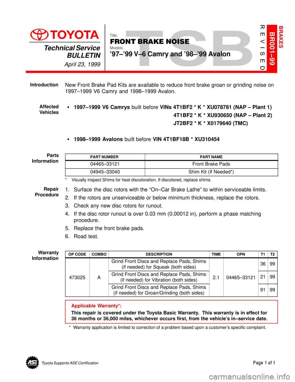 TOYOTA CAMRY 2000  Service Repair Manual Toyota Supports ASE CertificationPage 1 of 1
BR001±99
Title:
FRONT BRAKE NOISE
Models:
97±99 V±6 Camry and 98±99 Avalon
Technical Service
BULLETIN
April 23, 1999
  
New Front Brake Pad Kits ar