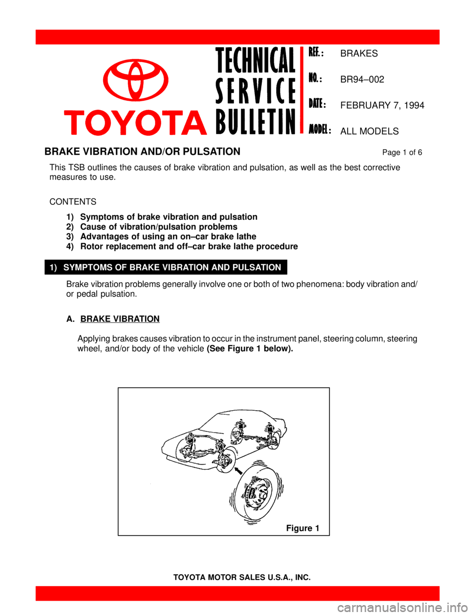 TOYOTA CAMRY 2000  Service Repair Manual TOYOTA MOTOR SALES U.S.A., INC.
This TSB outlines the causes of brake vibration and pulsation, as well as the best corrective 
measures to use.
CONTENTS
1) Symptoms of brake vibration and pulsation
2)