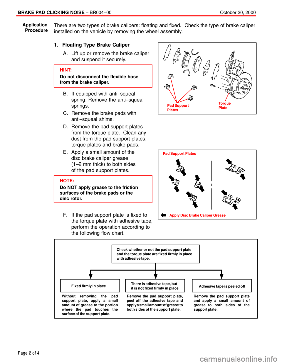 TOYOTA CAMRY 2000 Service Repair Manual BRAKE PAD CLICKING NOISE ± BR004±00 October 20, 2000
Page 2 of 4
There are two types of brake calipers: floating and fixed. Check the type of brake caliper
installed on the vehicle by removing the TOYOTA CAMRY 2000 Service Repair Manual BRAKE PAD CLICKING NOISE ± BR004±00 October 20, 2000
Page 2 of 4
There are two types of brake calipers: floating and fixed. Check the type of brake caliper
installed on the vehicle by removing the
