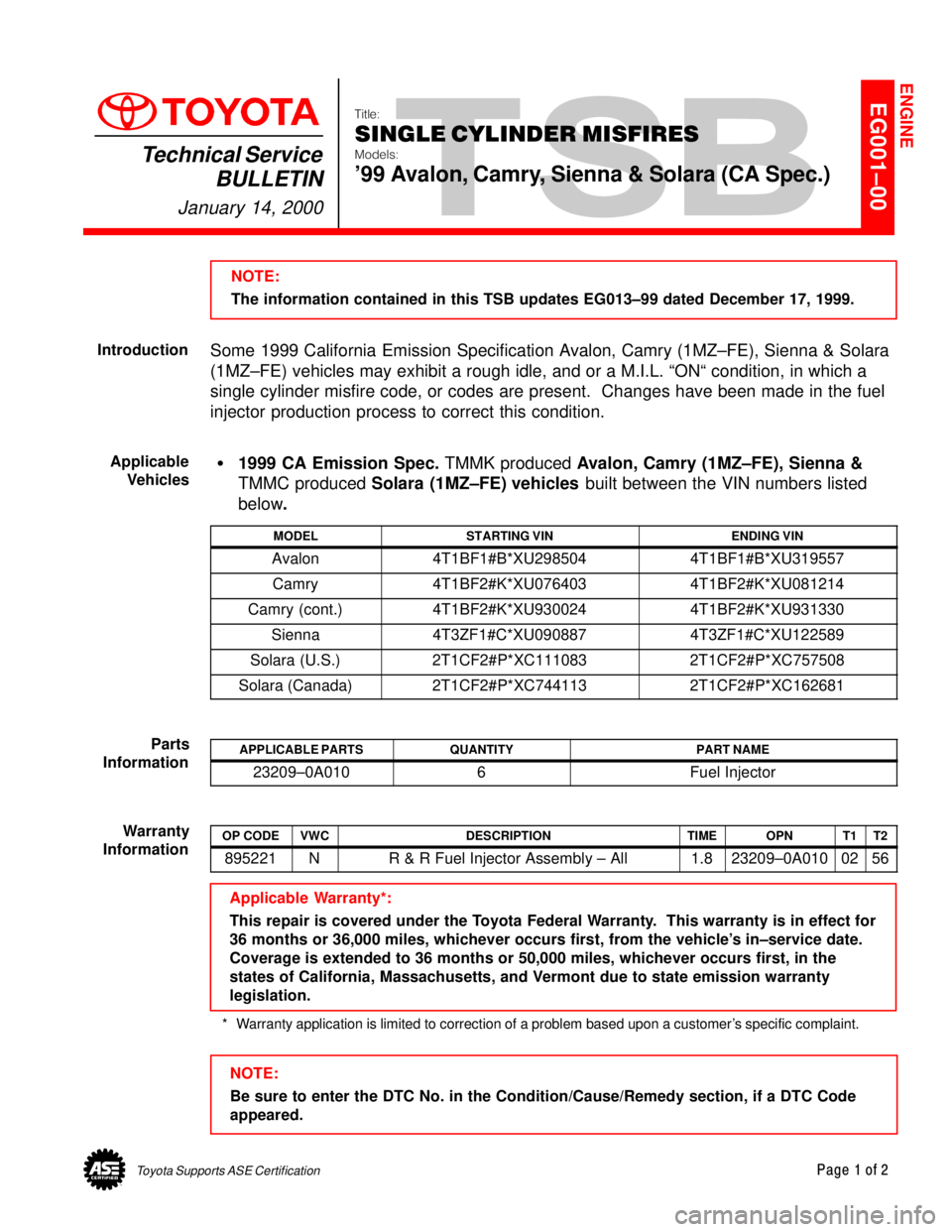 TOYOTA CAMRY 2000 Service Repair Manual Toyota Supports ASE CertificationPage 1 of 2
EG001±00
Title:
SINGLE CYLINDER MISFIRES
Models:
99 Avalon, Camry, Sienna & Solara (CA Spec.)
Technical Service
BULLETIN
January 14, 2000
NOTE:
The in TOYOTA CAMRY 2000 Service Repair Manual Toyota Supports ASE CertificationPage 1 of 2
EG001±00
Title:
SINGLE CYLINDER MISFIRES
Models:
99 Avalon, Camry, Sienna & Solara (CA Spec.)
Technical Service
BULLETIN
January 14, 2000
NOTE:
The in