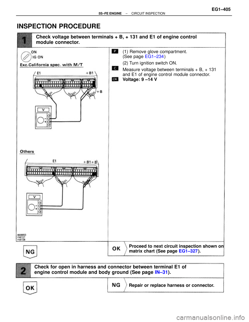 TOYOTA CAMRY 2000  Service Repair Manual (1) Remove glove compartment.
(See page EG1±234)
(2) Turn ignition switch ON.
Measure voltage between terminals + B, + 131
and E1 of engine control module connector.
Voltage: 9 ±14 V
Check for open 