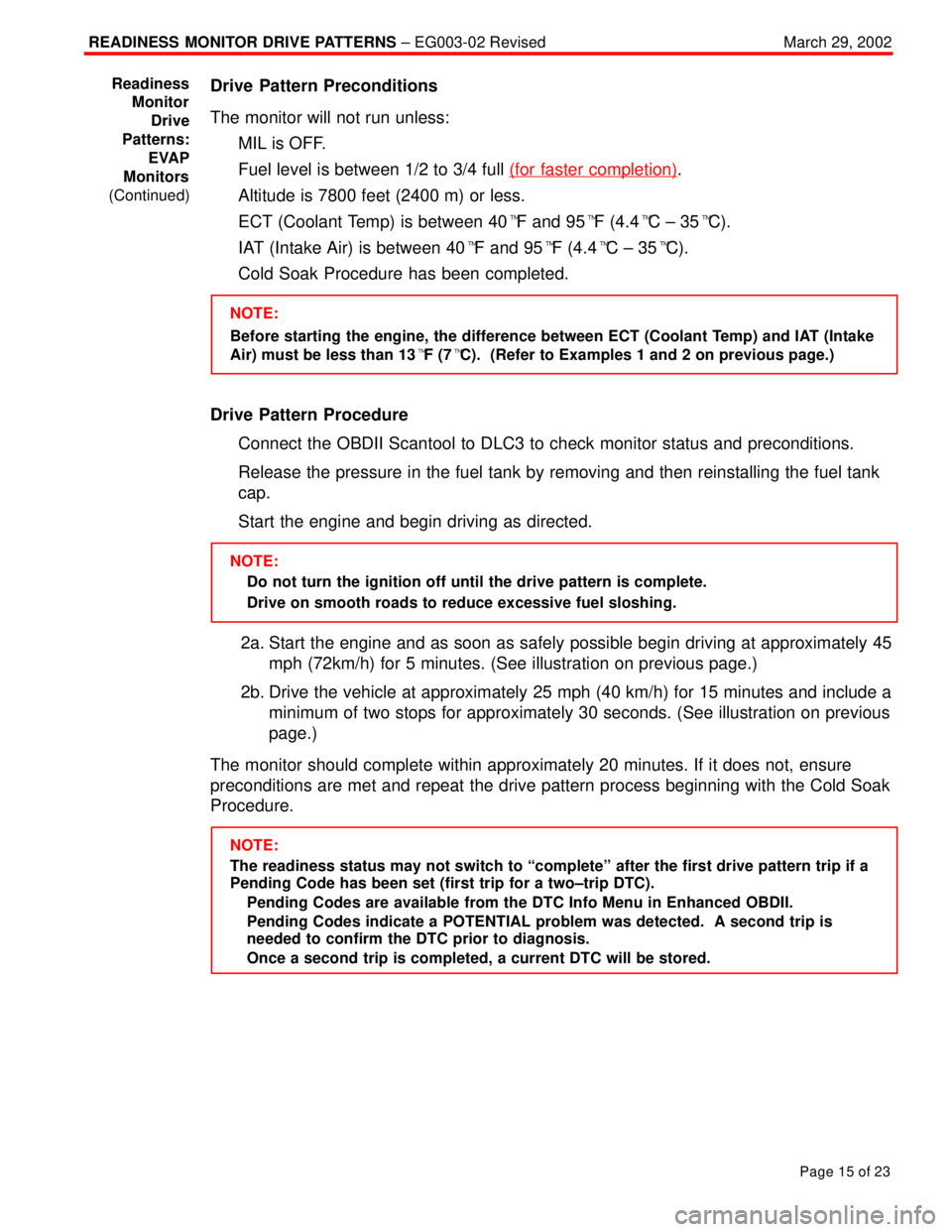 TOYOTA CAMRY 2000  Service Repair Manual READINESS MONITOR DRIVE PATTERNS ± EG003-02 RevisedMarch 29, 2002
Page 15 of 23
Drive Pattern Preconditions
The monitor will not run unless:
MIL is OFF.
Fuel level is between 1/2 to 3/4 full (for f