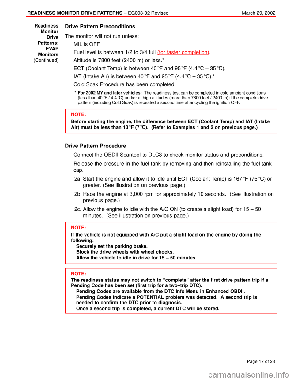 TOYOTA CAMRY 2000  Service Repair Manual READINESS MONITOR DRIVE PATTERNS ± EG003-02 RevisedMarch 29, 2002
Page 17 of 23
Drive Pattern Preconditions
The monitor will not run unless:
MIL is OFF.
Fuel level is between 1/2 to 3/4 full (for f