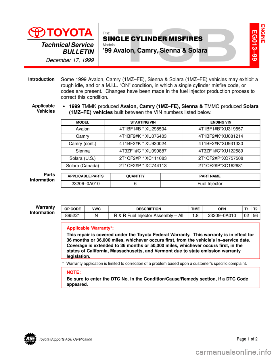 TOYOTA CAMRY 2000 Service Repair Manual Toyota Supports ASE CertificationPage 1 of 2
EG013±99
Title:
SINGLE CYLINDER MISFIRES
Models:
99 Avalon, Camry, Sienna & Solara
Technical Service
BULLETIN
December 17, 1999
Some 1999 Avalon, Camr TOYOTA CAMRY 2000 Service Repair Manual Toyota Supports ASE CertificationPage 1 of 2
EG013±99
Title:
SINGLE CYLINDER MISFIRES
Models:
99 Avalon, Camry, Sienna & Solara
Technical Service
BULLETIN
December 17, 1999
Some 1999 Avalon, Camr