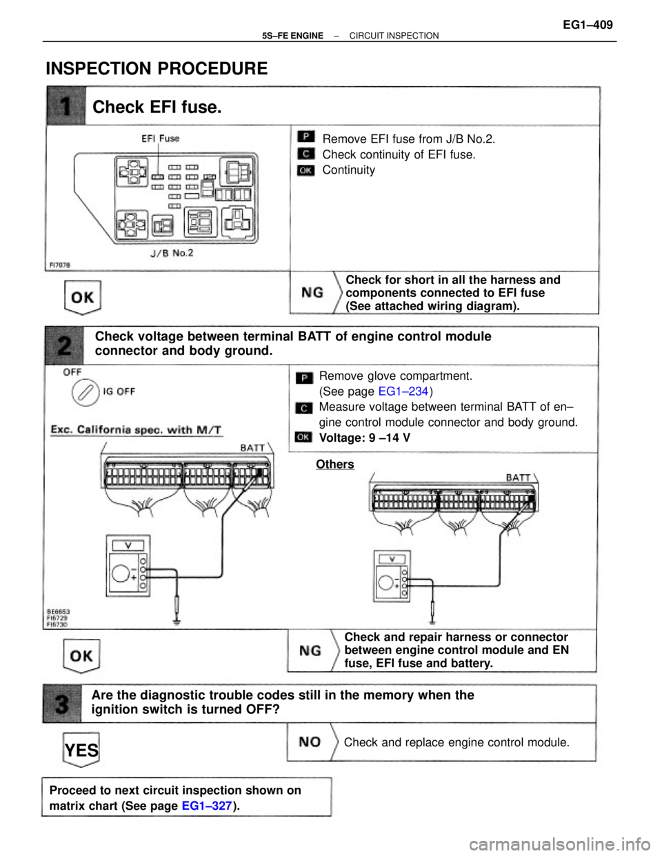TOYOTA CAMRY 2000  Service Repair Manual Remove glove compartment.
(See page EG1±234)
Measure voltage between terminal BATT of en±
gine control module connector and body ground.
Voltage: 9 ±14 V
Check voltage between terminal BATT of engi