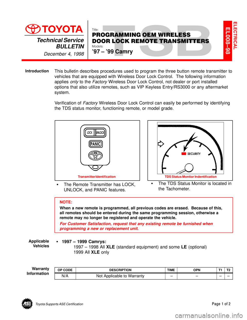 TOYOTA CAMRY 2000 Service Repair Manual Toyota Supports ASE CertificationPage 1 of 2
EL008±98Title:
PROGRAMMING OEM WIRELESS
DOOR LOCK REMOTE TRANSMITTERS
Models:
97 ± 99 Camry
Technical Service
BULLETIN
December 4, 1998
This bulleti TOYOTA CAMRY 2000 Service Repair Manual Toyota Supports ASE CertificationPage 1 of 2
EL008±98Title:
PROGRAMMING OEM WIRELESS
DOOR LOCK REMOTE TRANSMITTERS
Models:
97 ± 99 Camry
Technical Service
BULLETIN
December 4, 1998
This bulleti