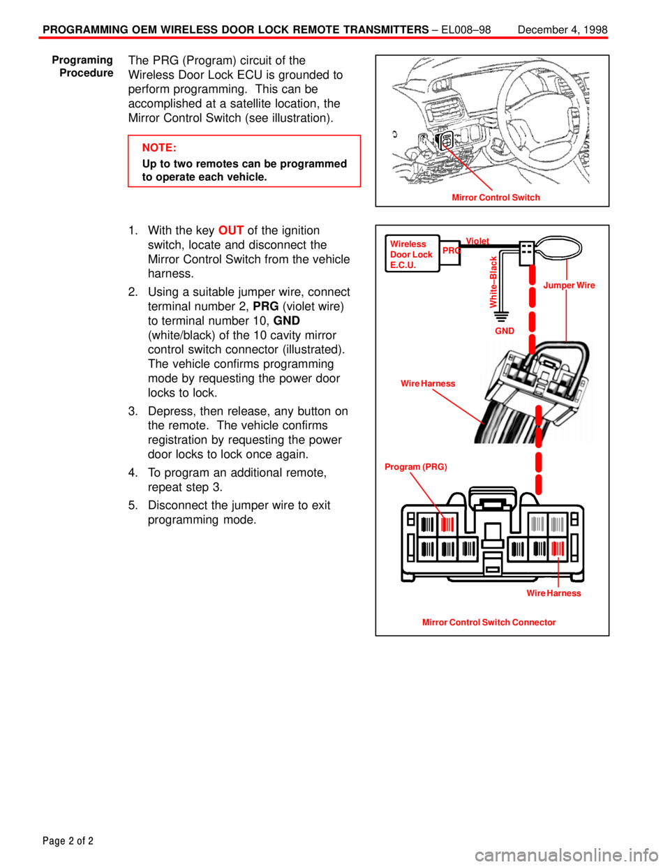 TOYOTA CAMRY 2000 Service Repair Manual PROGRAMMING OEM WIRELESS DOOR LOCK REMOTE TRANSMITTERS ± EL008±98 December 4, 1998
Page 2 of 2
The PRG (Program) circuit of the
Wireless Door Lock ECU is grounded to
perform programming. This can b TOYOTA CAMRY 2000 Service Repair Manual PROGRAMMING OEM WIRELESS DOOR LOCK REMOTE TRANSMITTERS ± EL008±98 December 4, 1998
Page 2 of 2
The PRG (Program) circuit of the
Wireless Door Lock ECU is grounded to
perform programming. This can b