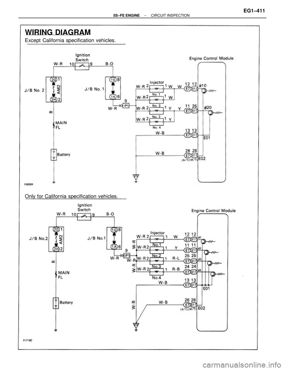 TOYOTA CAMRY 2000  Service Repair Manual WIRING DIAGRAM
Except California specification vehicles.
Only for California specification vehicles.
± 5S±FE ENGINECIRCUIT INSPECTIONEG1±411 