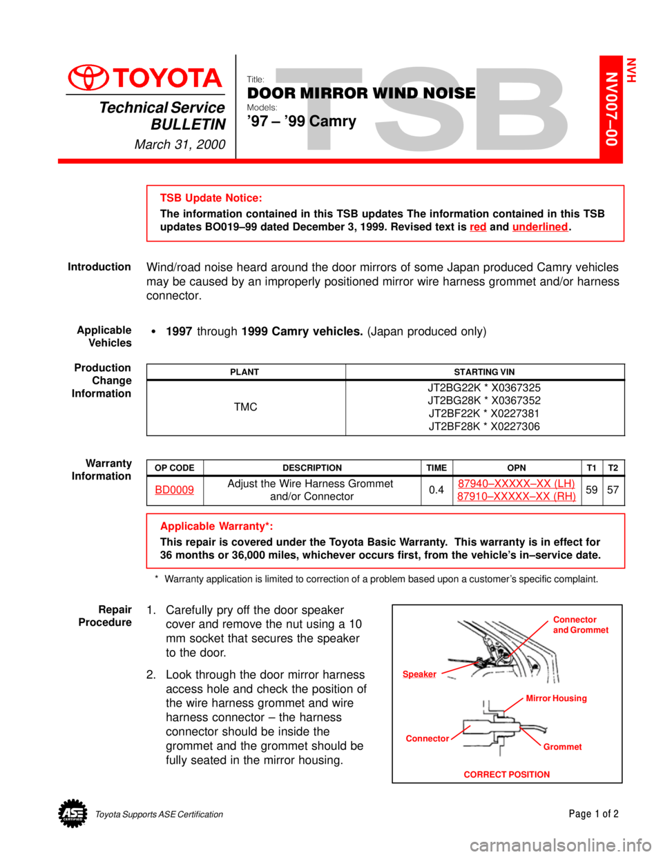 TOYOTA CAMRY 2000  Service Repair Manual Toyota Supports ASE CertificationPage 1 of 2
NV007±00Title:
DOOR MIRROR WIND NOISE
Models:
97 ± 99 Camry
Technical Service
BULLETIN
March 31, 2000
  
TSB Update Notice:
The information contained i