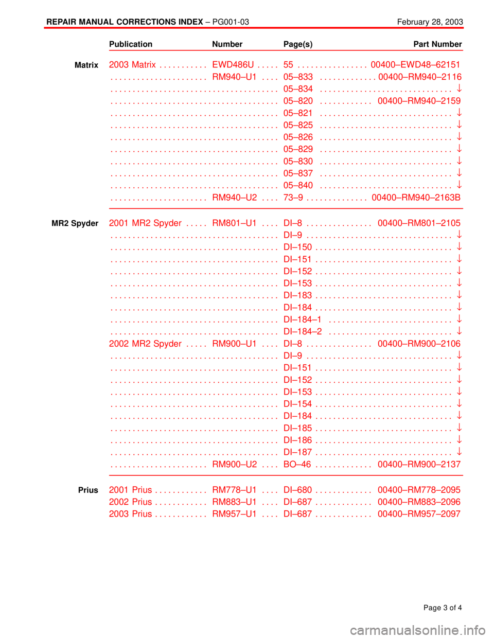TOYOTA CAMRY 2000  Service Repair Manual REPAIR MANUAL CORRECTIONS INDEX ± PG001-03February 28, 2003
Page 3 of 4
Publication Number Page(s) Part Number
2003 Matrix EWD486U 55 00400±EWD48±62151. . . . . . . . . . .  . . . . .  . . . . . . 
