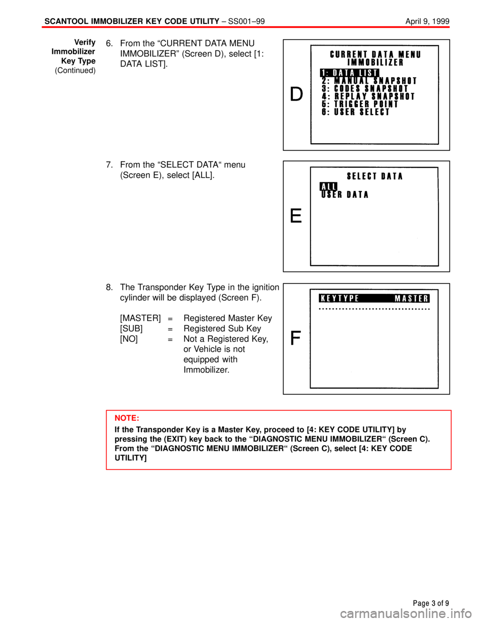 TOYOTA CAMRY 2000  Service Repair Manual SCANTOOL IMMOBILIZER KEY CODE UTILITY ± SS001±99 April 9, 1999
Page 3 of 9
6. From the ªCURRENT DATA MENU
IMMOBILIZERº (Screen D), select [1:
DATA LIST].
7. From the ªSELECT DATAª menu
(Screen E