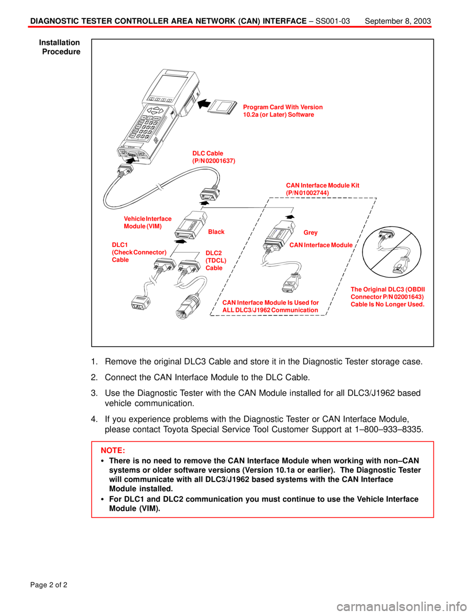 TOYOTA CAMRY 2000  Service Repair Manual DIAGNOSTIC TESTER CONTROLLER AREA NETWORK (CAN) INTERFACE ± SS001-03September 8, 2003
Page 2 of 2
Program Card With Version
10.2a (or Later) Software
CAN Interface Module Kit
(P/N 01002744)
Grey
CAN 