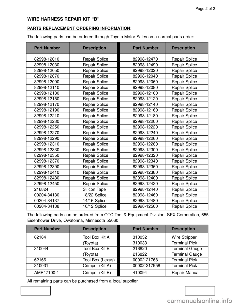 TOYOTA CAMRY 2000  Service Repair Manual Page 2 of 2
WIRE HARNESS REPAIR KIT ªBº
PARTS REPLACEMENT ORDERING INFORMATION:
The following parts can be ordered through Toyota Motor Sales on a normal parts order:
Part Number Description Part Nu