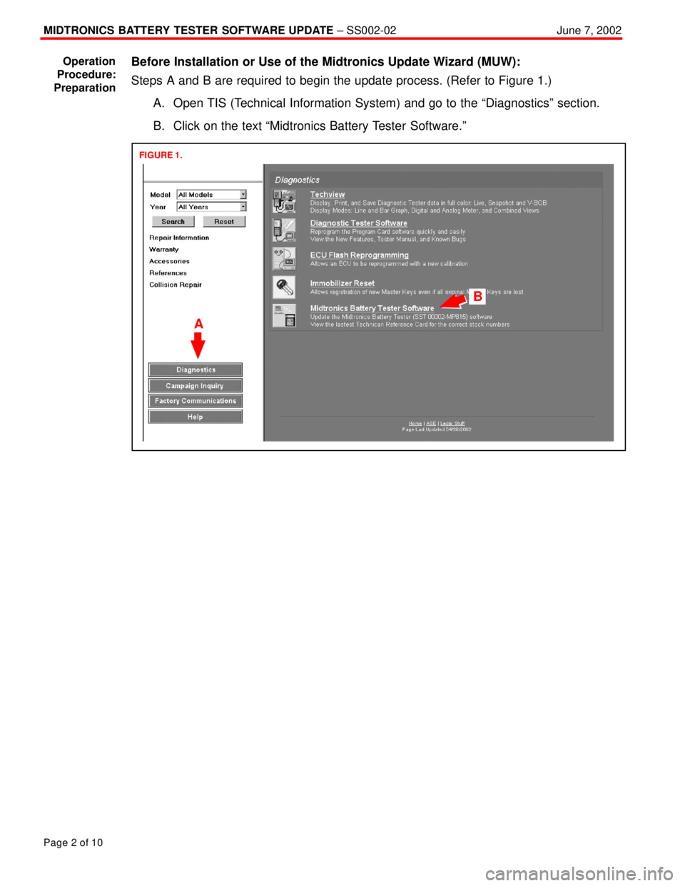 TOYOTA CAMRY 2000  Service Repair Manual MIDTRONICS BATTERY TESTER SOFTWARE UPDATE ± SS002-02June 7, 2002
Page 2 of 10
Before Installation or Use of the Midtronics Update Wizard (MUW):
Steps A and B are required to begin the update process.