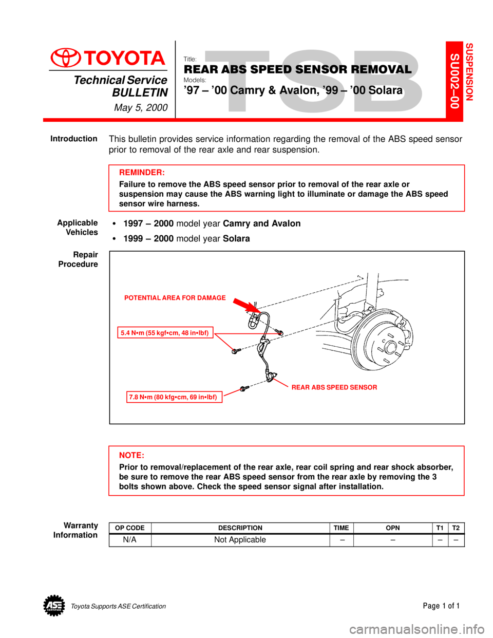 TOYOTA CAMRY 2000 Service Repair Manual Toyota Supports ASE CertificationPage 1 of 1
SU002±00Title:
REAR ABS SPEED SENSOR REMOVAL
Models:
97 ± 00 Camry & Avalon, 99 ± 00 Solara
Technical Service
BULLETIN
May 5, 2000
This bulletin TOYOTA CAMRY 2000 Service Repair Manual Toyota Supports ASE CertificationPage 1 of 1
SU002±00Title:
REAR ABS SPEED SENSOR REMOVAL
Models:
97 ± 00 Camry & Avalon, 99 ± 00 Solara
Technical Service
BULLETIN
May 5, 2000
This bulletin