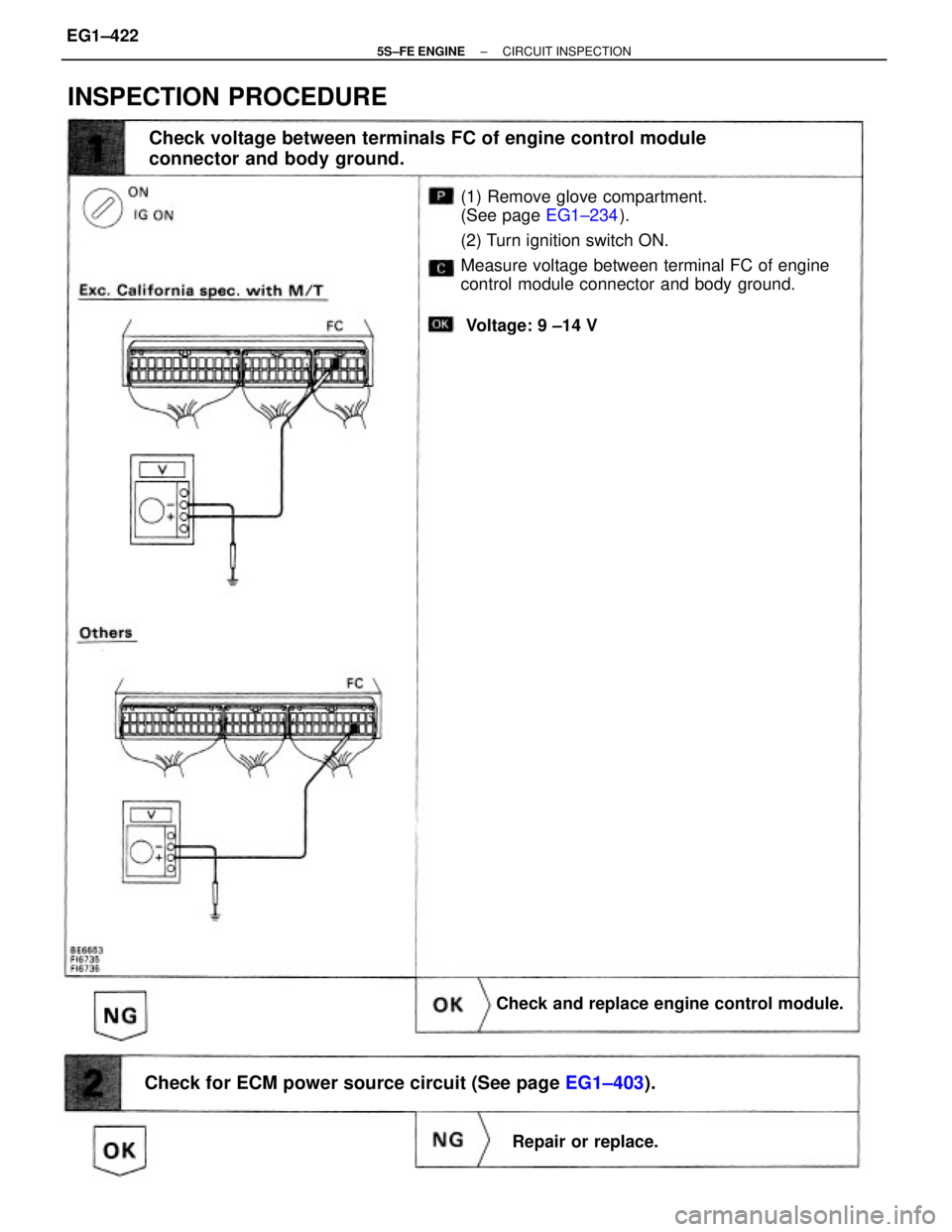 TOYOTA CAMRY 2000  Service Repair Manual (1) Remove glove compartment.
(See page EG1±234).
(2) Turn ignition switch ON.
Measure voltage between terminal FC of engine
control module connector and body ground.
Check voltage between terminals 