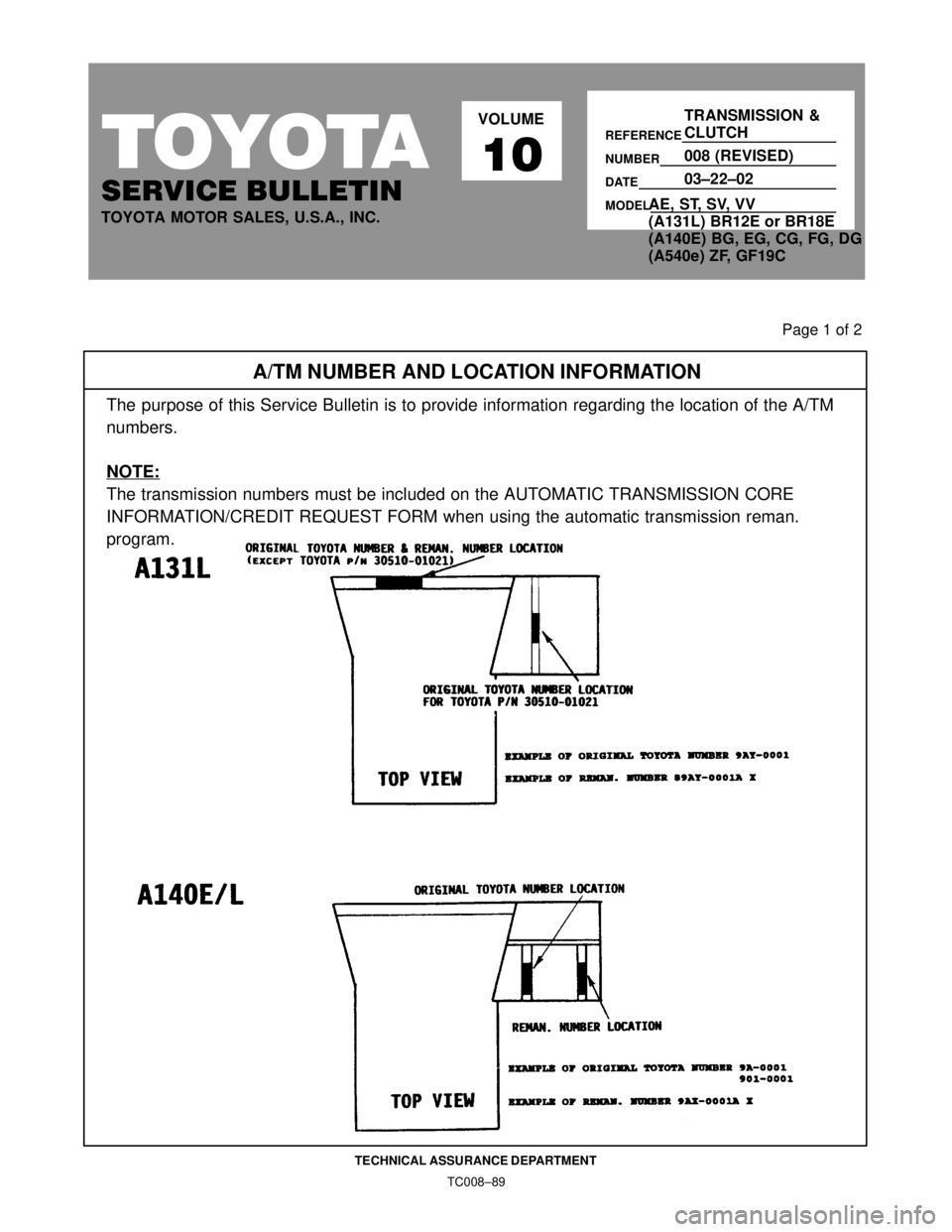 TOYOTA CAMRY 2000 Service Repair Manual TC008±89 TECHNICAL ASSURANCE DEPARTMENT
TOYOTA
SERVICE BULLETIN
TOYOTA MOTOR SALES, U.S.A., INC.VOLUME
10
REFERENCE
NUMBER
DATE
MODEL
TRANSMISSION &
CLUTCH
008 (REVISED)
03±22±02
Page 1 of 2
A/TM N TOYOTA CAMRY 2000 Service Repair Manual TC008±89 TECHNICAL ASSURANCE DEPARTMENT
TOYOTA
SERVICE BULLETIN
TOYOTA MOTOR SALES, U.S.A., INC.VOLUME
10
REFERENCE
NUMBER
DATE
MODEL
TRANSMISSION &
CLUTCH
008 (REVISED)
03±22±02
Page 1 of 2
A/TM N