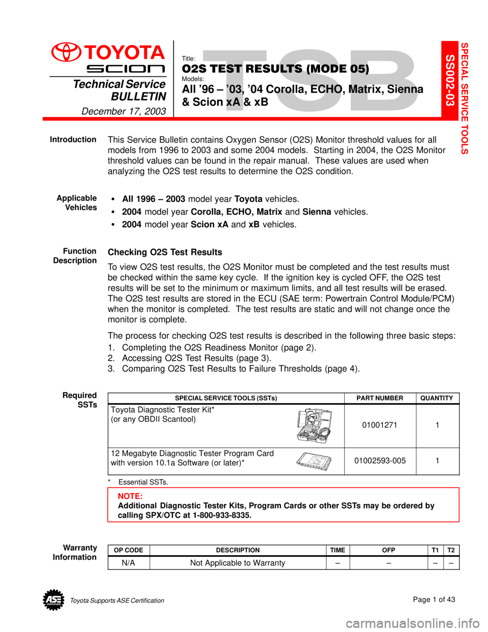 TOYOTA CAMRY 2000 Service Repair Manual Toyota Supports ASE CertificationPage 1 of 43
SS002-03Title:
O2S TEST RESULTS (MODE 05)
Models:
All 96 ± 03, 04 Corolla, ECHO, Matrix, Sienna
& Scion xA & xBTechnical Service
BULLETIN
December 17, TOYOTA CAMRY 2000 Service Repair Manual Toyota Supports ASE CertificationPage 1 of 43
SS002-03Title:
O2S TEST RESULTS (MODE 05)
Models:
All 96 ± 03, 04 Corolla, ECHO, Matrix, Sienna
& Scion xA & xBTechnical Service
BULLETIN
December 17,