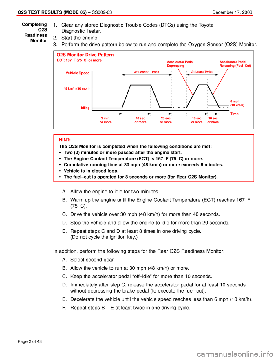TOYOTA CAMRY 2000 Service Repair Manual O2S TEST RESULTS (MODE 05) ± SS002-03December 17, 2003
Page 2 of 43
1. Clear any stored Diagnostic Trouble Codes (DTCs) using the Toyota
Diagnostic Tester.
2. Start the engine.
3. Perform the drive TOYOTA CAMRY 2000 Service Repair Manual O2S TEST RESULTS (MODE 05) ± SS002-03December 17, 2003
Page 2 of 43
1. Clear any stored Diagnostic Trouble Codes (DTCs) using the Toyota
Diagnostic Tester.
2. Start the engine.
3. Perform the drive