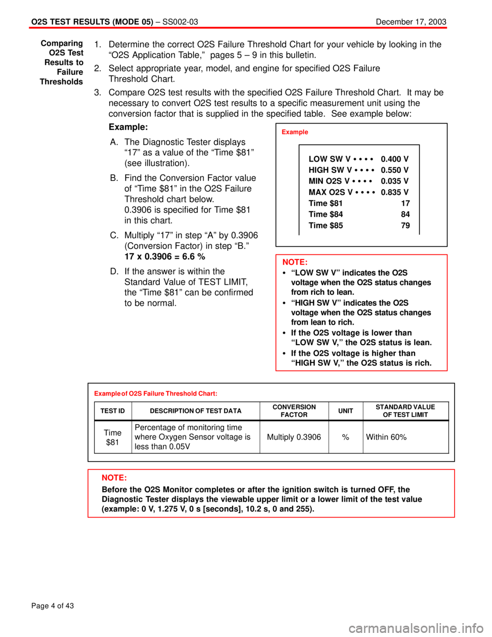 TOYOTA CAMRY 2000 Service Repair Manual NOTE:
Before the O2S Monitor completes or after the ignition switch is turned OFF, the
Diagnostic Tester displays the viewable upper limit or a lower limit of the test value
(example: 0 V, 1.275 V, 0 TOYOTA CAMRY 2000 Service Repair Manual NOTE:
Before the O2S Monitor completes or after the ignition switch is turned OFF, the
Diagnostic Tester displays the viewable upper limit or a lower limit of the test value
(example: 0 V, 1.275 V, 0