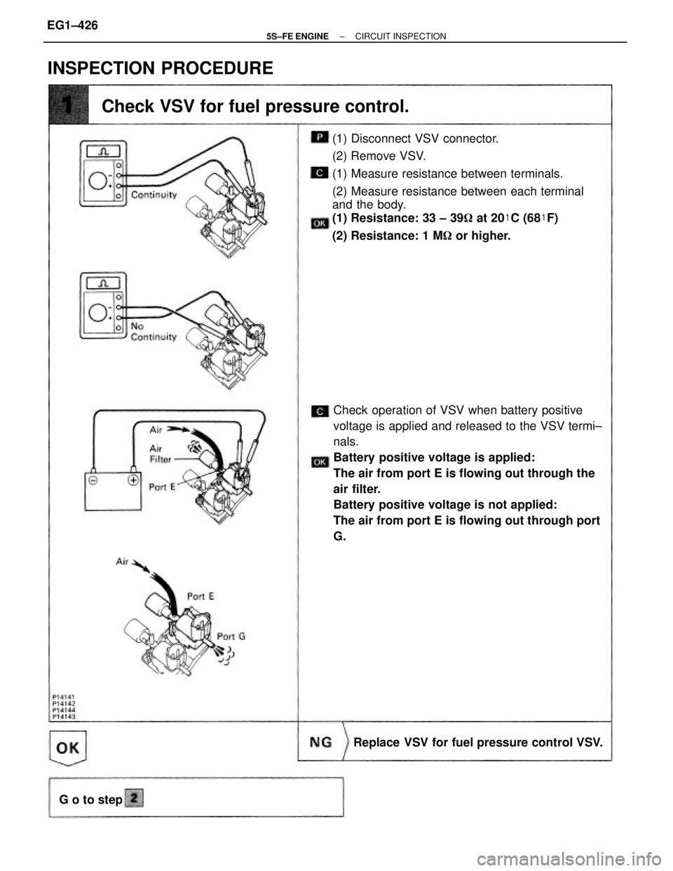 TOYOTA CAMRY 2000  Service Repair Manual Check operation of VSV when battery positive
voltage is applied and released to the VSV termi±
nals.
Battery positive voltage is applied:
The air from port E is flowing out through the
air filter.
Ba