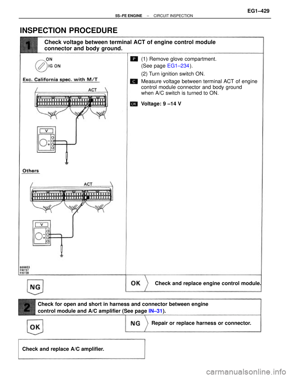 TOYOTA CAMRY 2000  Service Repair Manual (1) Remove glove compartment.
(See page EG1±234).
(2) Turn ignition switch ON.
Measure voltage between terminal ACT of engine
control module connector and body ground
when A/C switch is turned to ON.