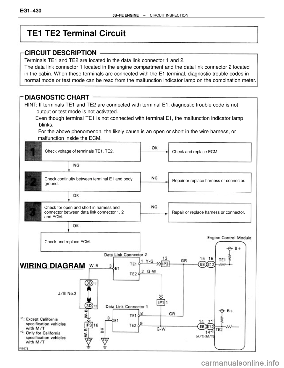 TOYOTA CAMRY 2000  Service Repair Manual DIAGNOSTIC CHART
HINT: If terminals TE1 and TE2 are connected with terminal E1, diagnostic trouble code is not
        output or test mode is not activated.
       Even though terminal TE1 is not conn