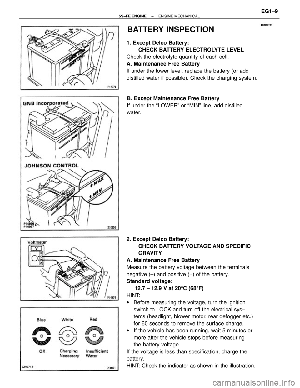 TOYOTA CAMRY 2000 Service Repair Manual 2. Except Delco Battery:
CHECK BATTERY VOLTAGE AND SPECIFIC
GRAVITY
A. Maintenance Free Battery
Measure the battery voltage between the terminals
negative (±) and positive (+) of the battery.
Standa TOYOTA CAMRY 2000 Service Repair Manual 2. Except Delco Battery:
CHECK BATTERY VOLTAGE AND SPECIFIC
GRAVITY
A. Maintenance Free Battery
Measure the battery voltage between the terminals
negative (±) and positive (+) of the battery.
Standa