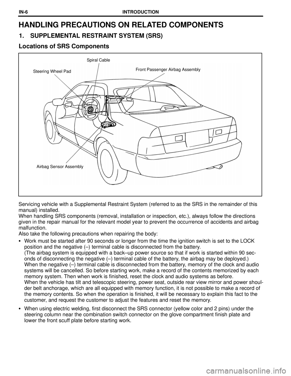 TOYOTA CAMRY 2000  Service Repair Manual Airbag Sensor Assembly Steering Wheel PadFront Passenger Airbag Assembly Spiral Cable
HANDLING PRECAUTIONS ON RELATED COMPONENTS
1.  SUPPLEMENTAL RESTRAINT SYSTEM (SRS)
Locations of SRS Components
Ser