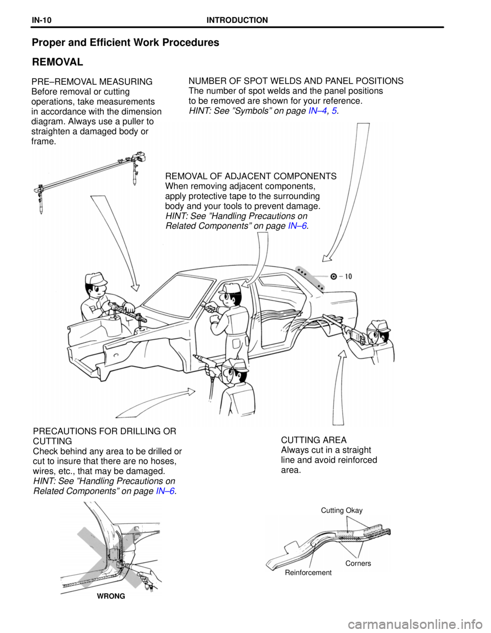 TOYOTA CAMRY 2000  Service Repair Manual Proper and Efficient Work Procedures
REMOVAL
NUMBER OF SPOT WELDS AND PANEL POSITIONS
The number of spot welds and the panel positions 
to be removed are shown for your reference.
HINT: See ºSymbols