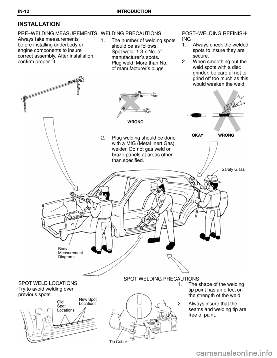 TOYOTA CAMRY 2000  Service Repair Manual POST±WELDING REFINISH-
ING
1. Always check the welded
spots to insure they are
secure.
2. When smoothing out the
weld spots with a disc
grinder, be careful not to
grind off too much as this
would wea