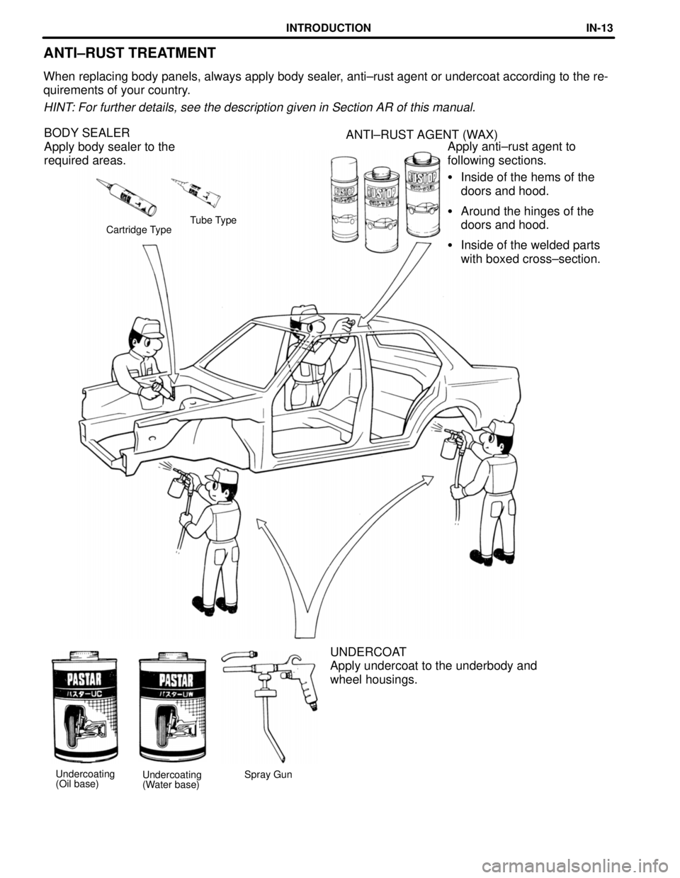 TOYOTA CAMRY 2000  Service Repair Manual Tube Type
ANTI±RUST TREATMENT
When replacing body panels, always apply body sealer, anti±rust agent or undercoat according to the re-
quirements of your country.
HINT: For further details, see the d