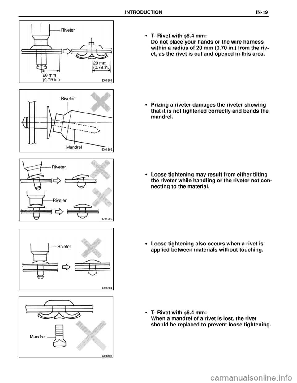 TOYOTA CAMRY 2000  Service Repair Manual D01805
Mandrel
D01804
Riveter
D01803
Riveter Riveter
D01802Mandrel Riveter
D0180120 mm
(0.79 in.)20 mm
(0.79 in.) Riveter
T±Rivet with 6.4 mm:
Do not place your hands or the wire harness
within a r