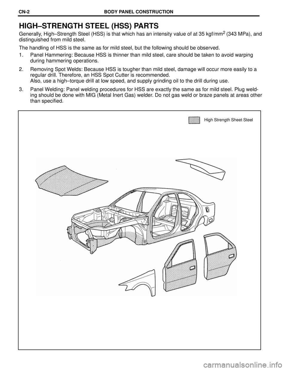 TOYOTA CAMRY 2000  Service Repair Manual High Strength Sheet Steel
HIGH±STRENGTH STEEL (HSS) PARTS
Generally, High±Strength Steel (HSS) is that which has an intensity value of at 35 kgf/mm2
 (343 MPa), and
distinguished from mild steel.
Th