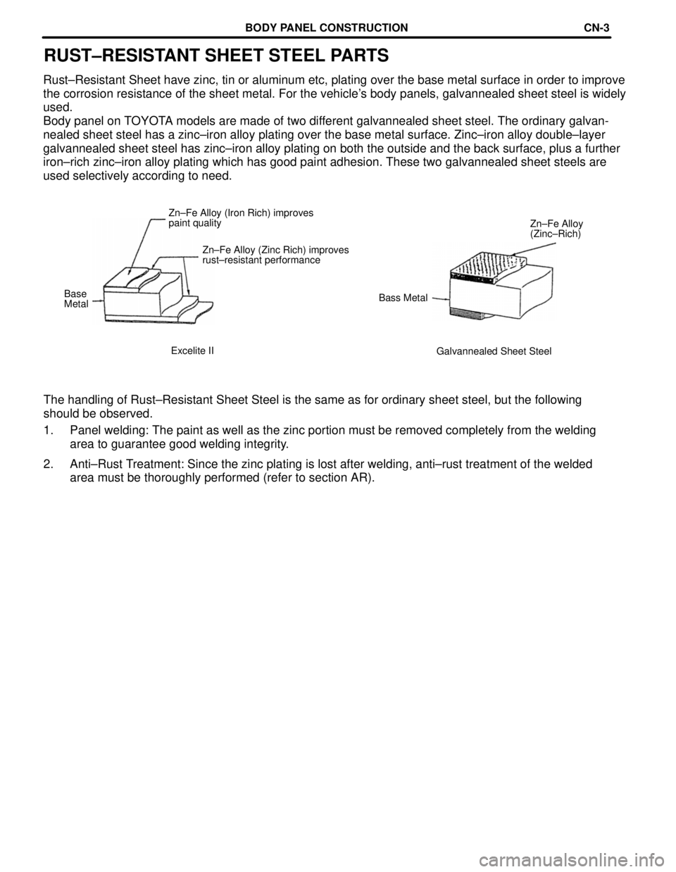 TOYOTA CAMRY 2000 Service Repair Manual RUST±RESISTANT SHEET STEEL PARTS
Rust±Resistant Sheet have zinc, tin or aluminum etc, plating over the base metal surface in order to improve
the corrosion resistance of the sheet metal. For the veh TOYOTA CAMRY 2000 Service Repair Manual RUST±RESISTANT SHEET STEEL PARTS
Rust±Resistant Sheet have zinc, tin or aluminum etc, plating over the base metal surface in order to improve
the corrosion resistance of the sheet metal. For the veh