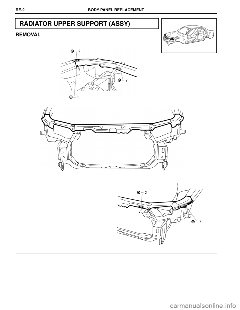TOYOTA CAMRY 2000  Service Repair Manual RADIATOR UPPER SUPPORT (ASSY)
REMOVAL
BODY PANEL REPLACEMENTRE-2 