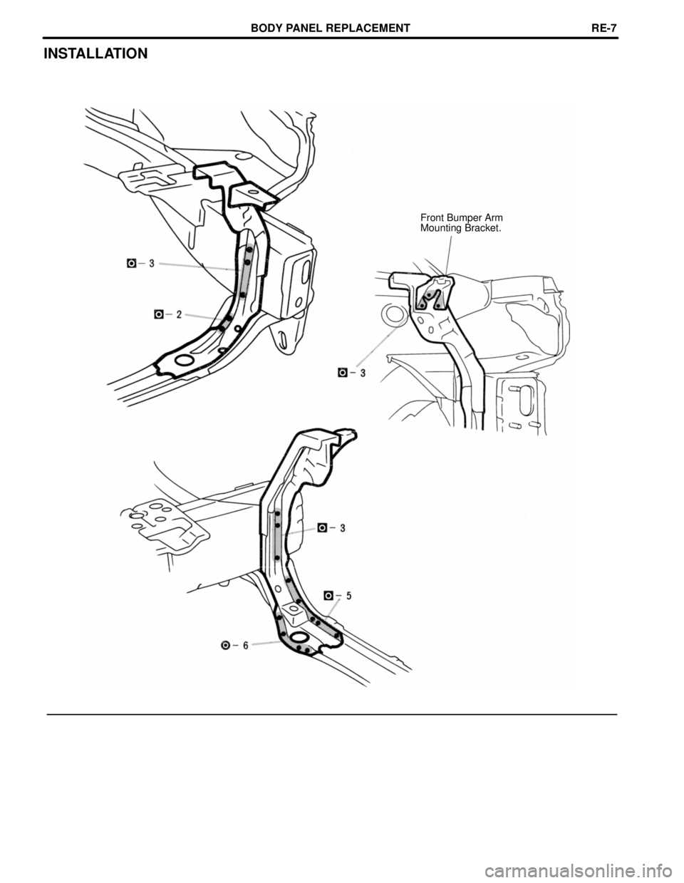 TOYOTA CAMRY 2000  Service Repair Manual INSTALLATION
Front Bumper Arm
Mounting Bracket.
BODY PANEL REPLACEMENTRE-7 