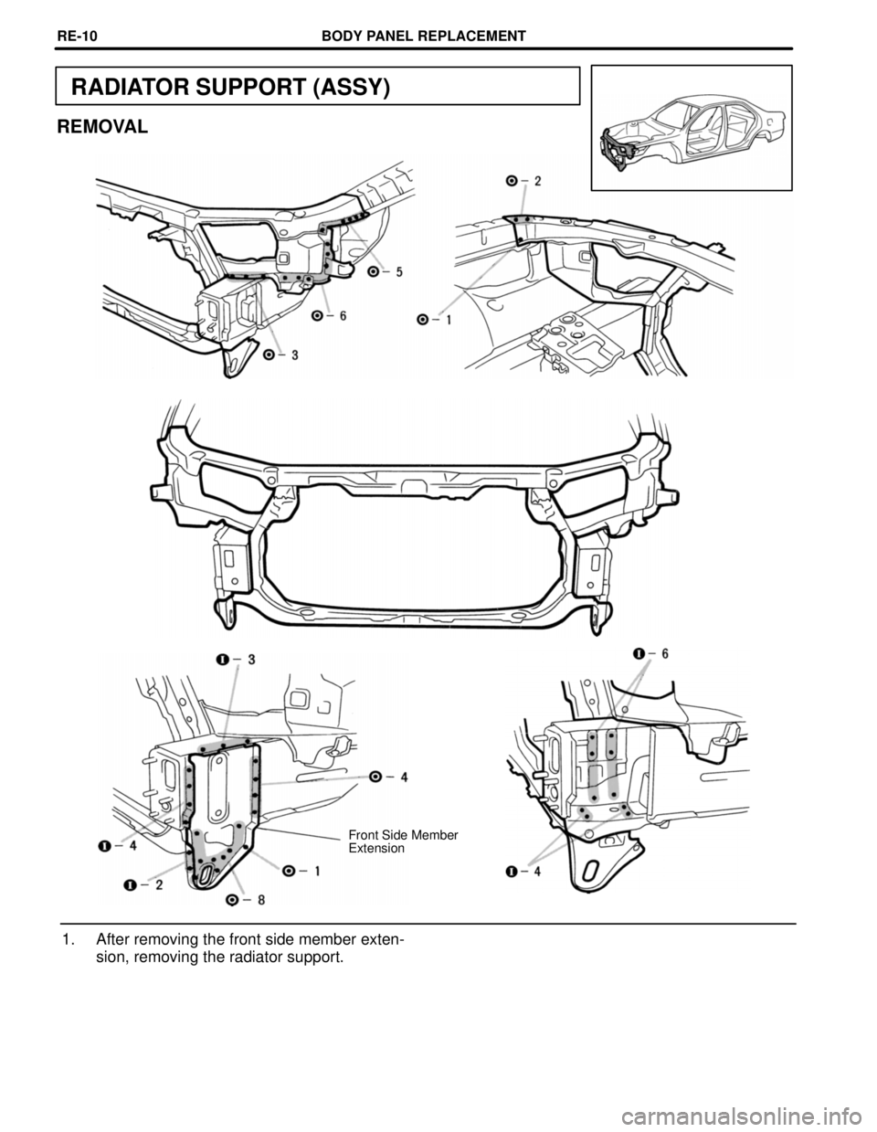TOYOTA CAMRY 2000  Service Repair Manual RADIATOR SUPPORT (ASSY)
REMOVAL
Front Side Member
Extension
1. After removing the front side member exten-
sion, removing the radiator support.
BODY PANEL REPLACEMENTRE-10 