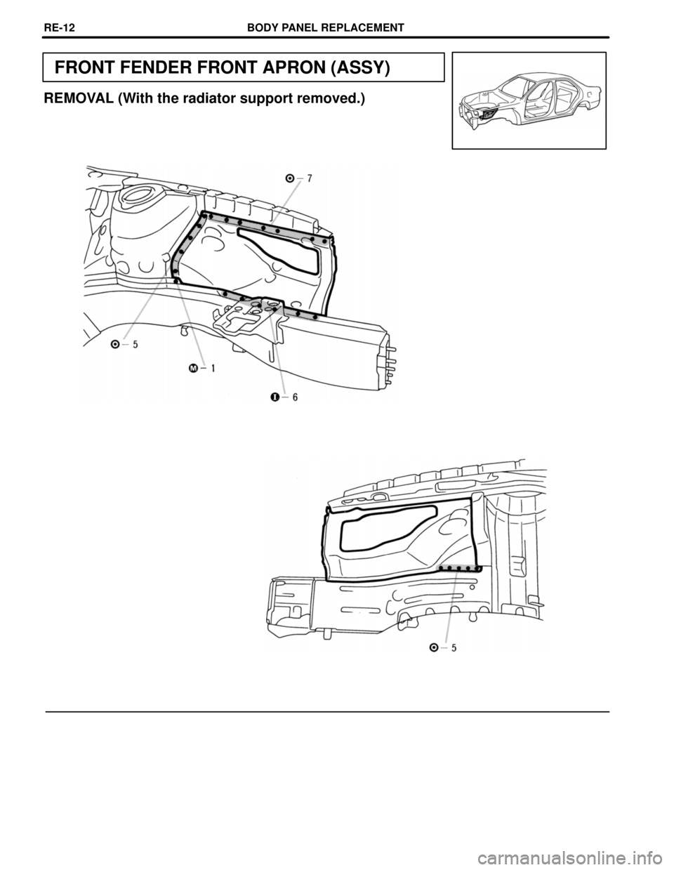 TOYOTA CAMRY 2000  Service Repair Manual FRONT FENDER FRONT APRON (ASSY)
REMOVAL (With the radiator support removed.)
BODY PANEL REPLACEMENTRE-12 