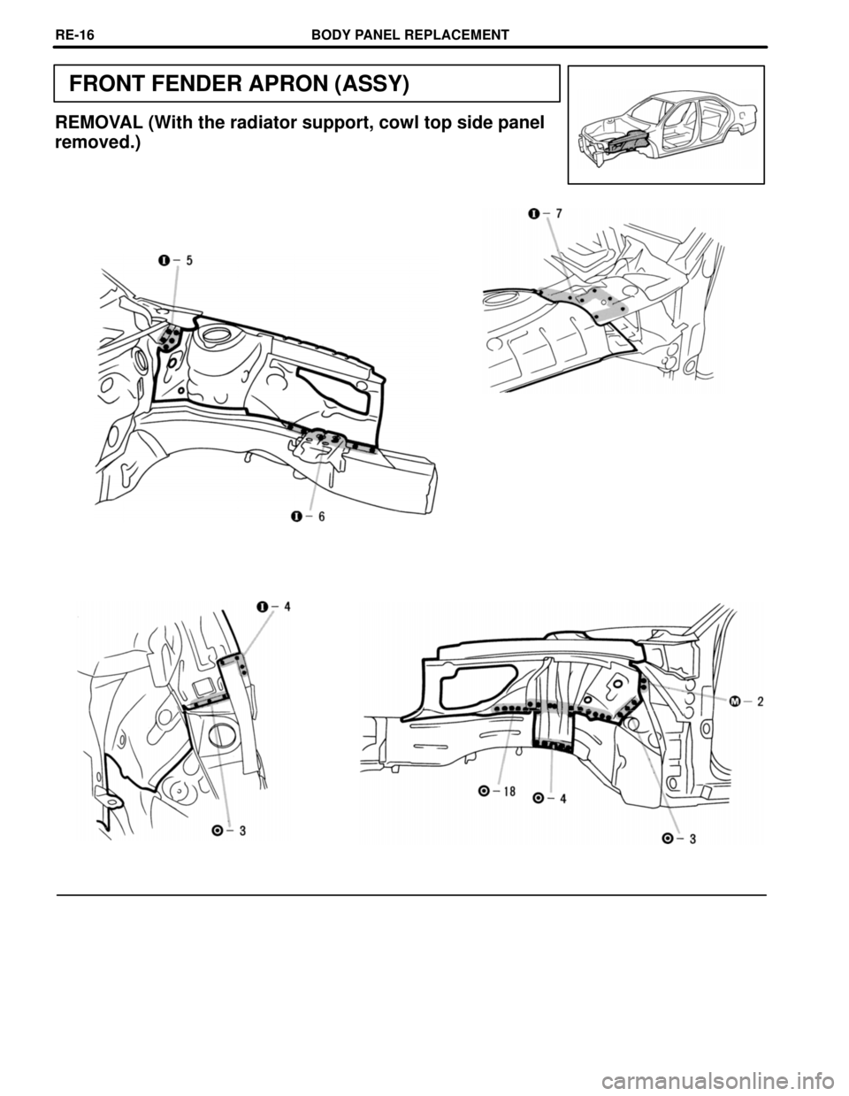 TOYOTA CAMRY 2000  Service Repair Manual FRONT FENDER APRON (ASSY)
REMOVAL (With the radiator support, cowl top side panel
removed.)
BODY PANEL REPLACEMENTRE-16 